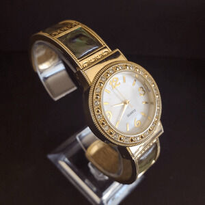 M.Z.Berger Ladies Bangle Watch Gold Tone Crystal Bezel Faux Abalone Inserts‎